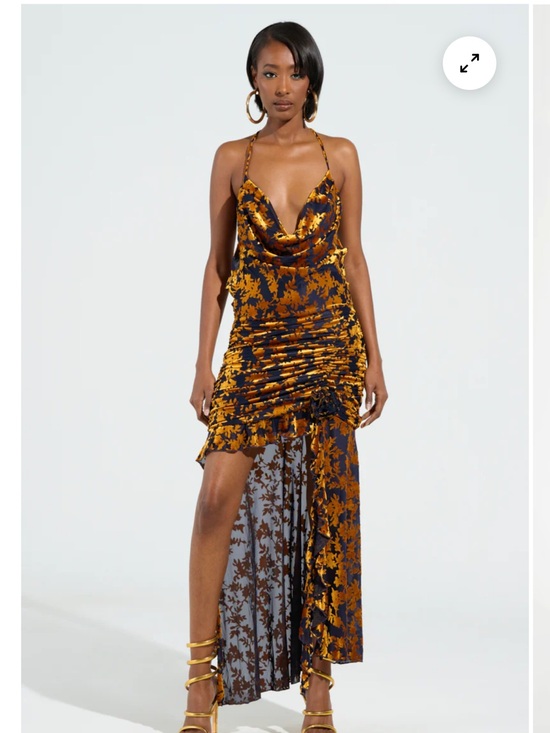 AKIRA Dresses & Skirts - AKIRA Gold & Dark Navy Floral Backless Slip Dress